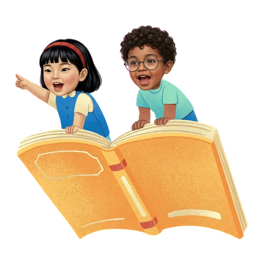 Children flying on a book